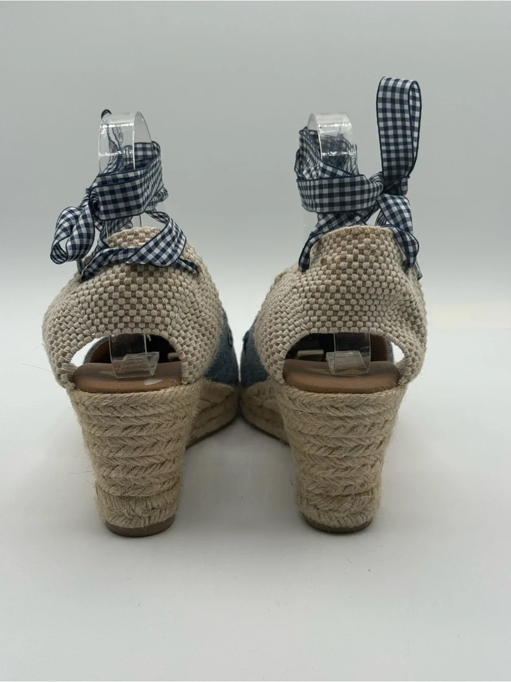 Paseart Denim Espadrille Wedge Sandals Blue Gingham Lace-Up Ankle Tie Platform